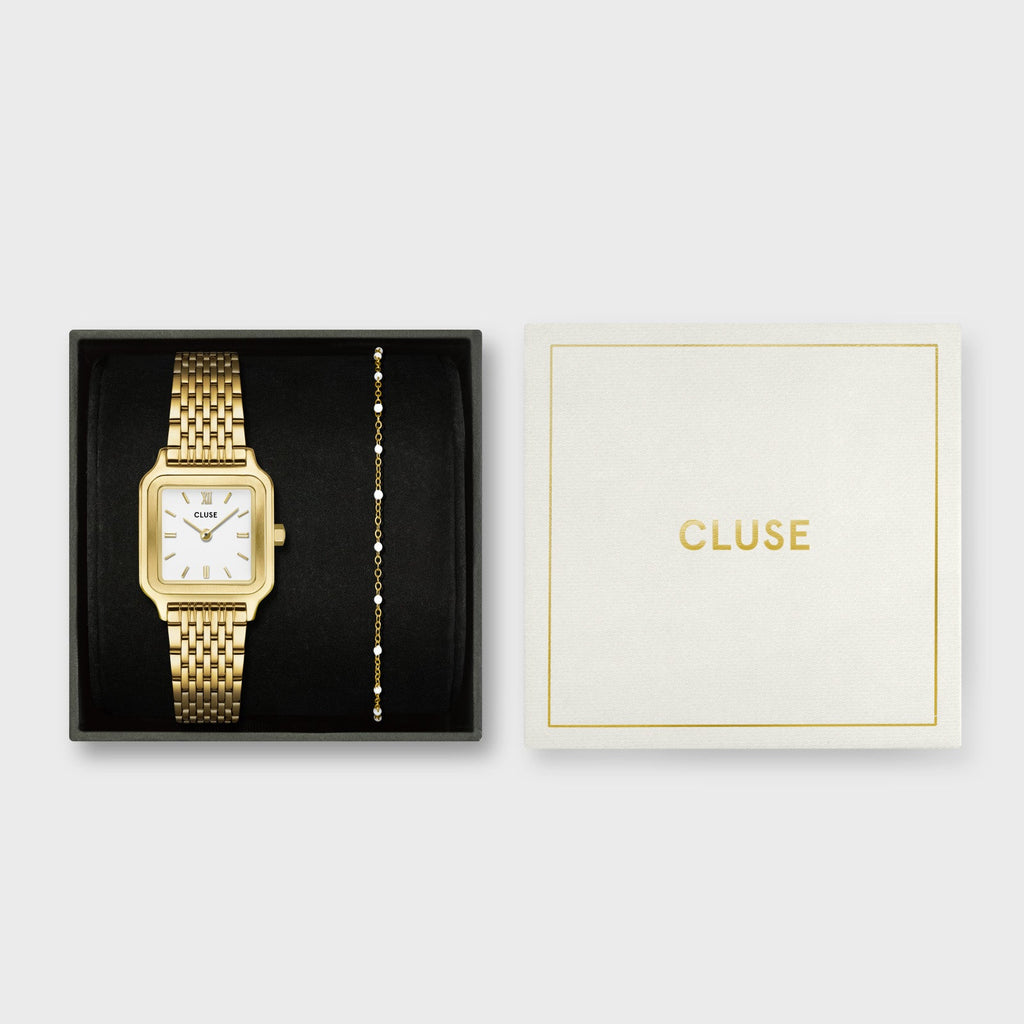 Gift Box Gracieuse Petite Watch Steel, White & White Epoxy Bracelet, Gold Colour