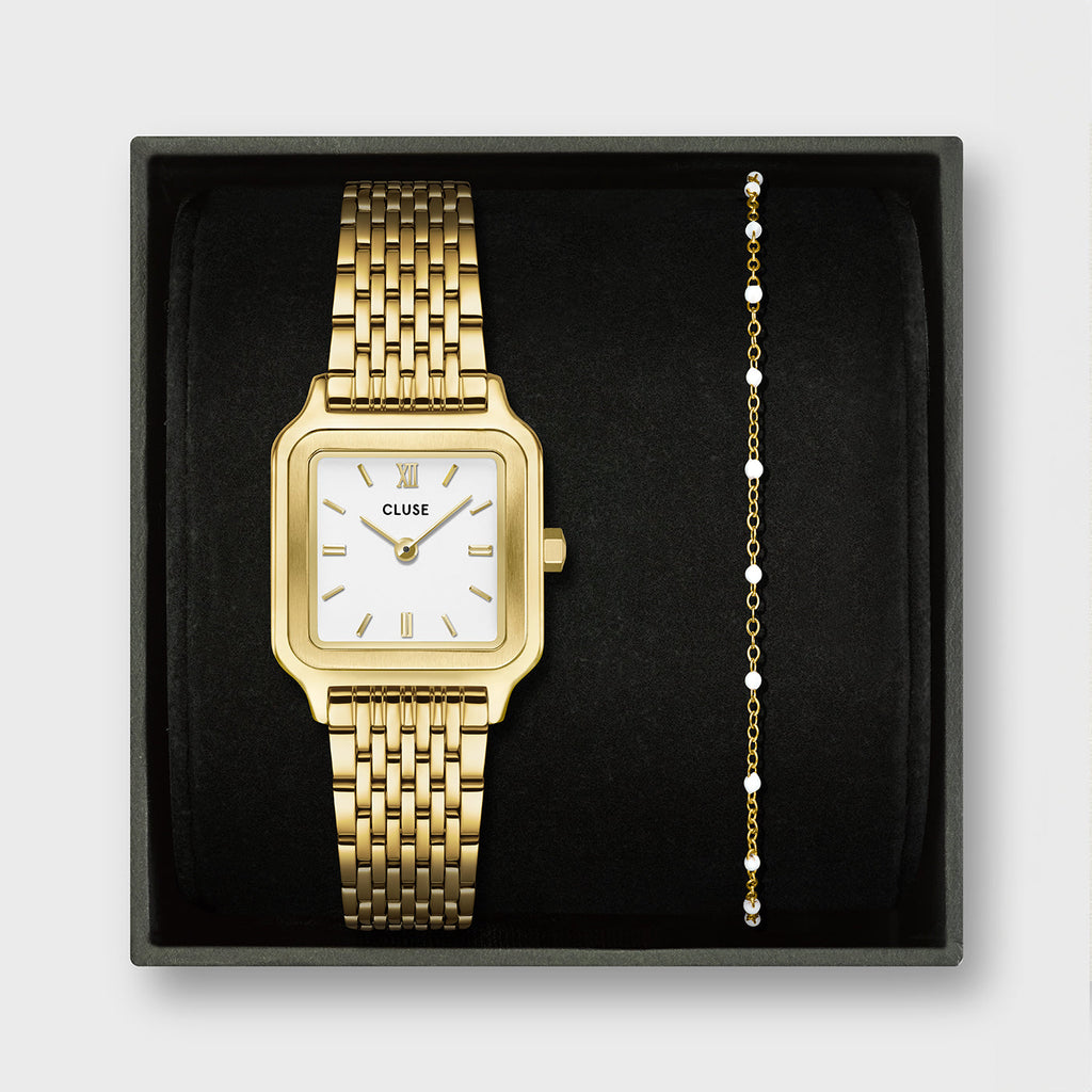 Gift Box Gracieuse Petite Watch Steel, White & White Epoxy Bracelet, Gold Colour