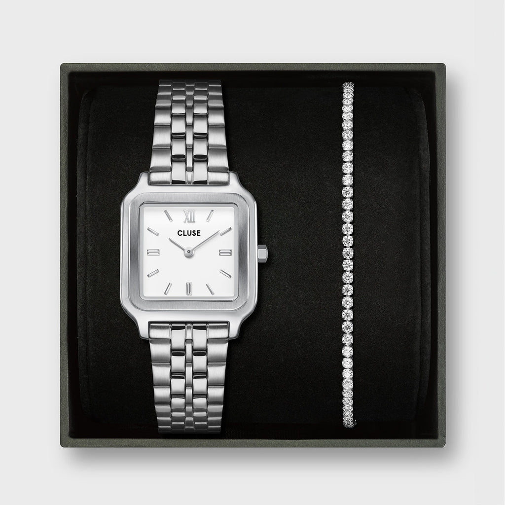 Gift Box Gracieuse Watch Steel, White & Élevé Tennis Bracelet, Silver Colour