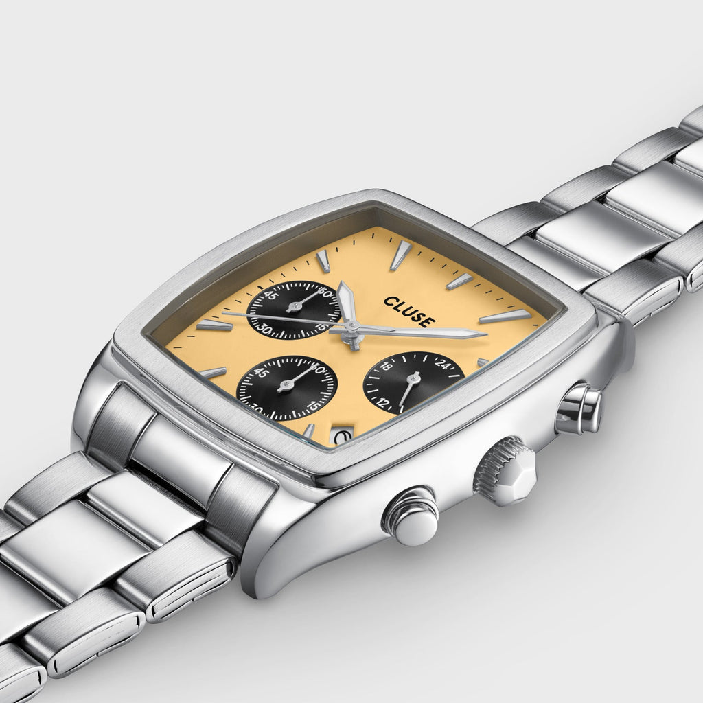 Quartaut Chrono Watch Steel, Yellow and Grey, Silver Colour